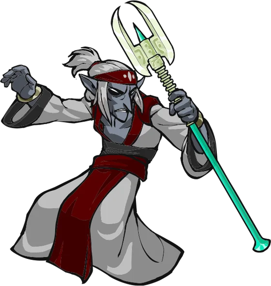 A warlock with a trident staff